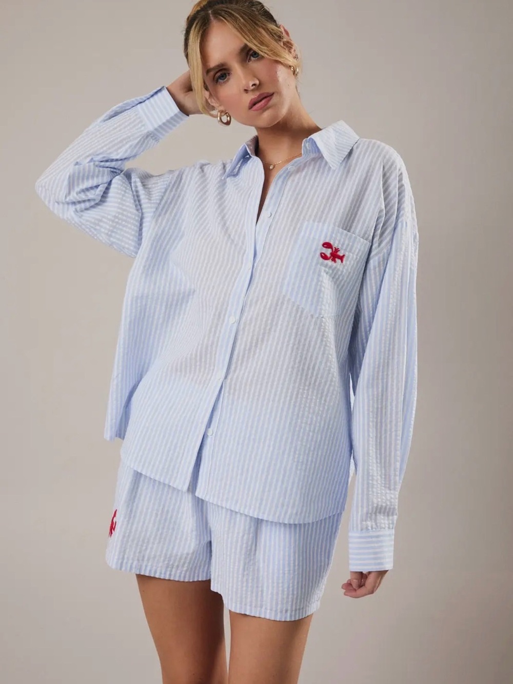 Classic Blue Stripe Cotton Shirt & Short Set